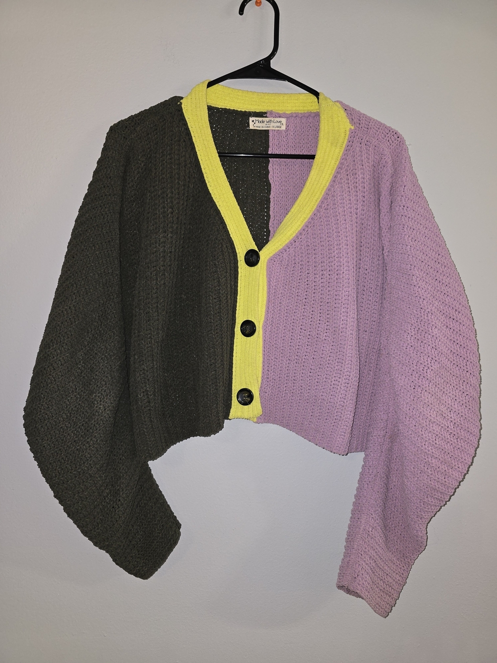 Colorblock Cropped Cardigan Sweater - Lavender, Olive & Yellow Trim